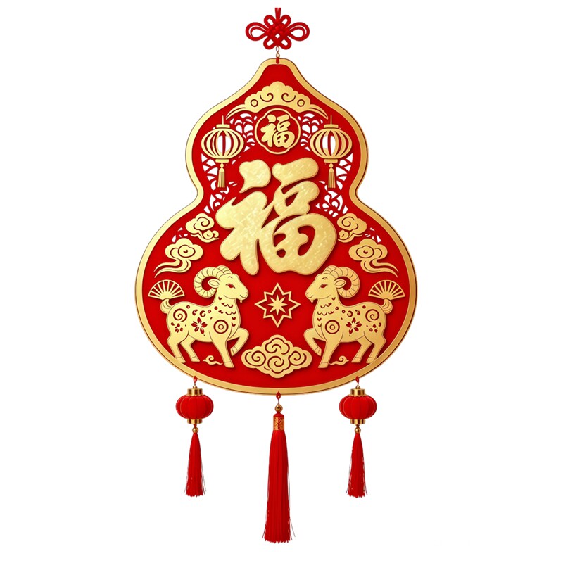 葫芦双羊送福玻璃贴灯笼祥云流苏中国结传统新春喜庆防水装饰贴纸
