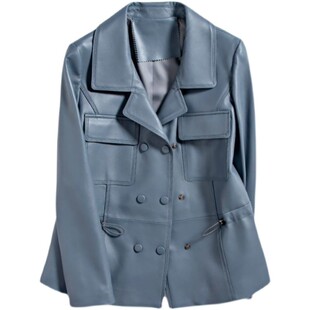 海宁真皮绵羊皮西装领外套新款春秋季2026真皮皮衣女短款收腰抽绳