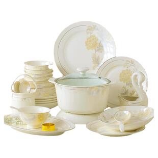 微波清雅名媛景德镇中式简约米饭汤碗菜盘子碗碟套装家用骨瓷餐具