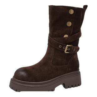 星期六马丁靴女厚底美拉德靴子2025冬皮带扣中筒靴绒面英伦风短靴