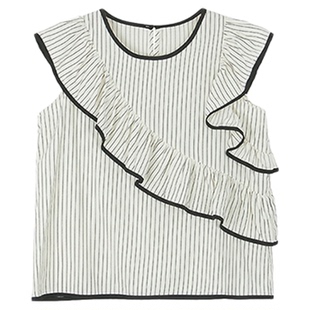 About Passion · 双色荷叶袖口条纹圆领上衣