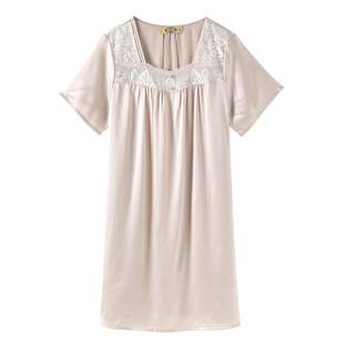 美标短袖真丝睡裙女夏季桑蚕丝凉感睡衣性感蕾丝家居服连衣裙