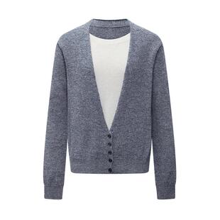 100%羊毛LILY2026春新款女装格雷系撞色假两件灰色套头针织衫毛衣