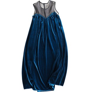 云澍原创弹力丝绒真丝欧根纱拼接休闲气质宽松圆领长款连衣裙秋冬