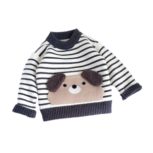男宝宝条纹一体绒毛衣男童加绒针织衫儿童装洋气冬季123456岁上衣