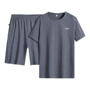 JEEP中老年纯棉短袖t恤男夏季薄款中年爸爸夏装男式休闲运动套装