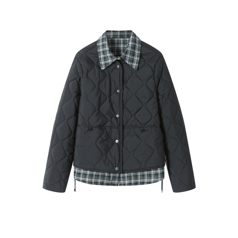 拼接领假两件菱格纹棉服女短款