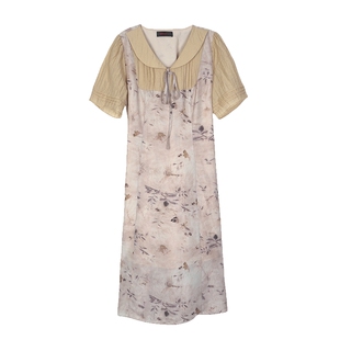 大码女装胖妹妹显瘦连衣裙夏季新款娃娃领减龄假两件拼接碎花长裙