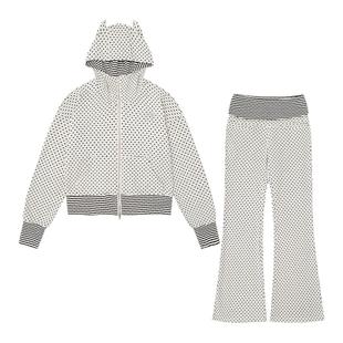 SIXMINU 美式套装条纹斑点连帽外套女修身恶魔角卫衣微辣裤子女潮