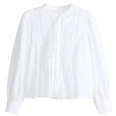 HM女装衬衫2026夏季新款蕾丝气质通勤细褶复古蕾丝风衬衫1323939
