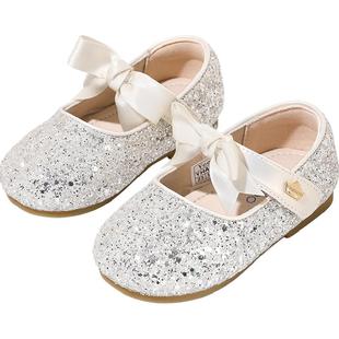 英氏童鞋女童公主鞋水晶软底小女孩皮鞋银色单鞋亮片女宝儿童鞋子