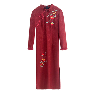如意【自制款】针织提花加绒加厚刺绣新中式大码胖mm旗袍连衣裙红