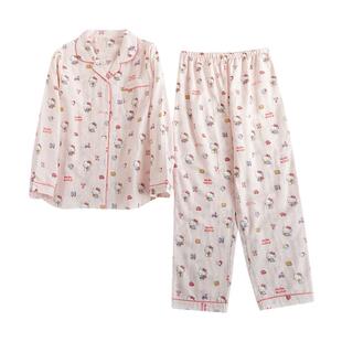 春夏Hello KT猫全棉双层纱布女睡衣长袖春秋女学生纯棉麻长袖套装