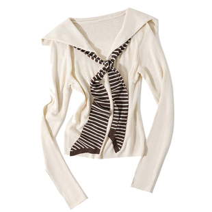 大于诗集 纽约新区 条纹撞色披肩海军领假两件针织衫修身显瘦上衣