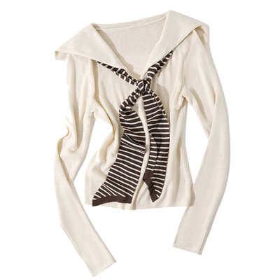 大于诗集 纽约新区 条纹撞色披肩海军领假两件针织衫修身显瘦上衣