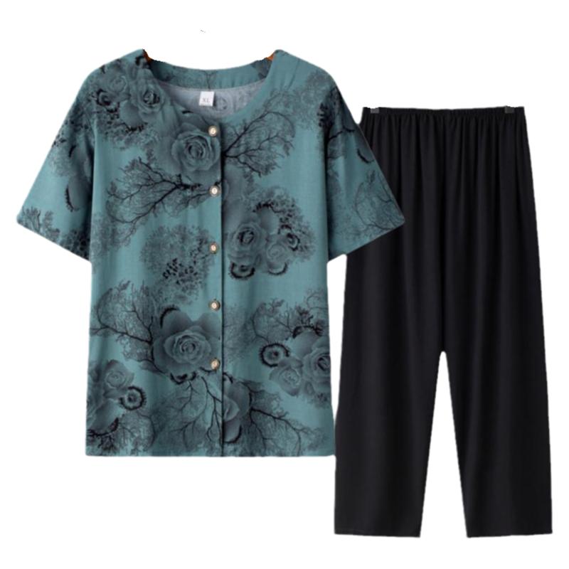 夏季妈妈装短袖衬衫中老年人女士衬衣60岁70奶奶棉绸衣服两件套装