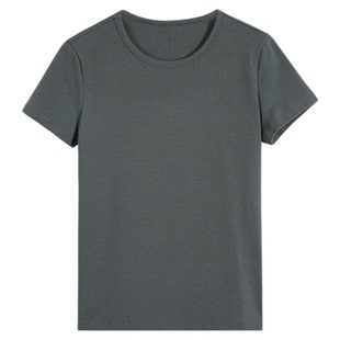 NEVA HU黑色圆领短袖t恤女夏季修身显瘦百搭高腰露脐短款针织上衣