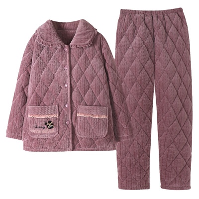 浪莎珊瑚绒夹棉睡衣女保暖套装