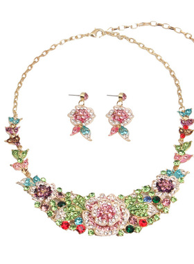 欧美彩色花朵水钻锁骨礼服晚宴