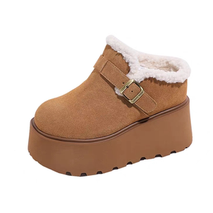 厚底勃肯包头半拖鞋女外穿新款时尚真皮冬季加绒保暖增高9CM棉鞋