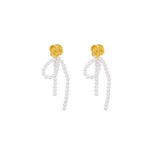 周六福珍珠耳饰贝珠S925银黄金色玫瑰耳钉复古耳环送女友新年礼物