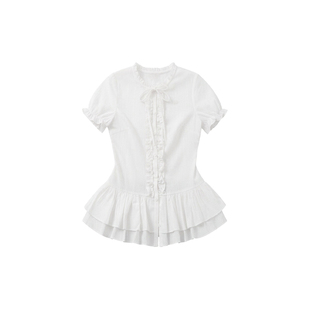 SPEAR YOUTH“小夏日和”纯白荷叶边拼接上衣韩系收腰短袖T恤衬衫
