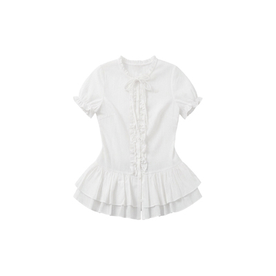 SPEAR YOUTH“小夏日和”纯白荷叶边拼接上衣韩系收腰短袖T恤衬衫