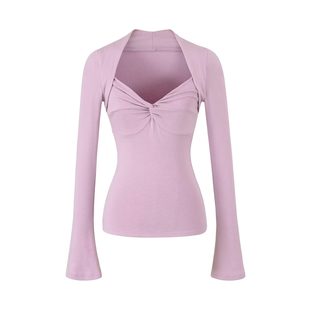 纯欲性感低胸扭结长袖修身T恤坎肩假两件上衣春装新款上衣打底衫