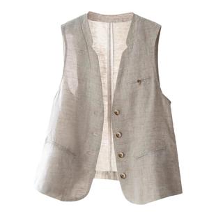 7697-2亚麻轻薄休闲V领马甲女2026夏季薄款棉麻洋气时尚马夹刺绣