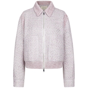 宝姿PORTSPURE女装春秋小香风粗花呢紫色翻领甜酷精致短外套夹克