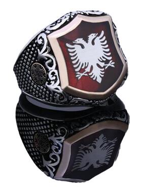 纯银复古红珐琅老鹰盾牌雕刻戒指