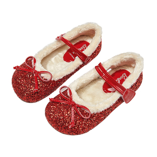 芭比童鞋女童皮鞋2025冬季新款加绒公主鞋新年红色闪亮儿童水晶鞋