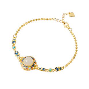 宫里上新珐琅手链女纯银和田玉国风玉石手饰生日妇女节礼物送妈妈