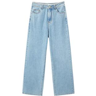 乐町腰头蕾丝拼接设计感牛仔裤2025年秋季新款休闲直筒水洗阔腿裤