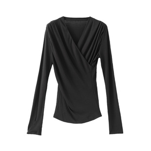 CHENXIAN辰现褶皱交叠V领长袖针织T恤含羊毛修身打底衫内搭上衣女