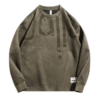 美式复古麂皮绒圆领卫衣男士2026春秋宽松叠穿休闲加绒加厚运动衫