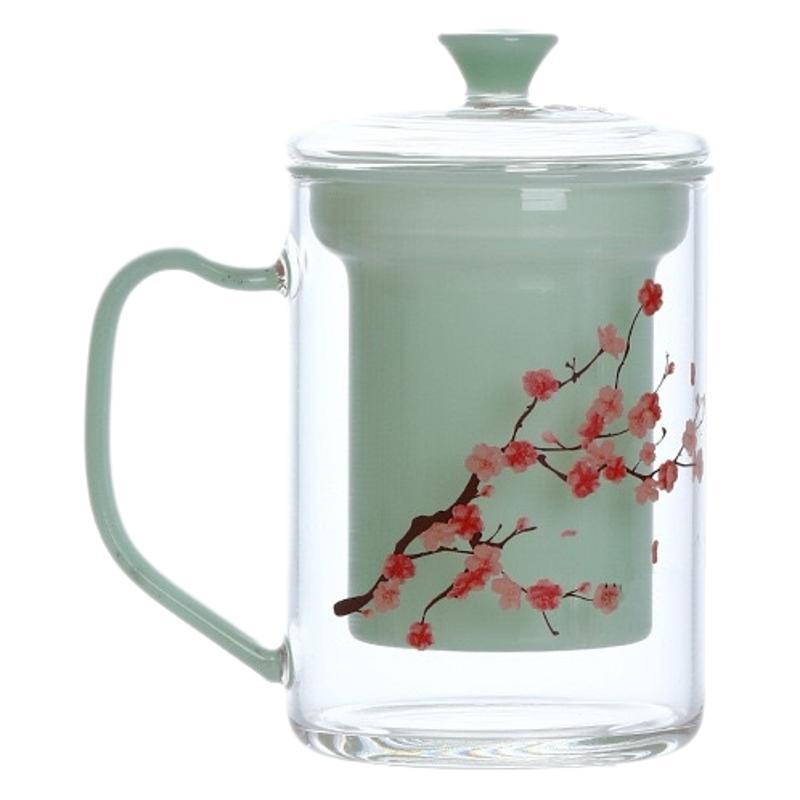 玻璃茶杯茶水分离印花办公杯