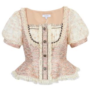 LULUALWAYS【商场同款】粗花呢蕾丝拼接方领泡泡袖衬衫