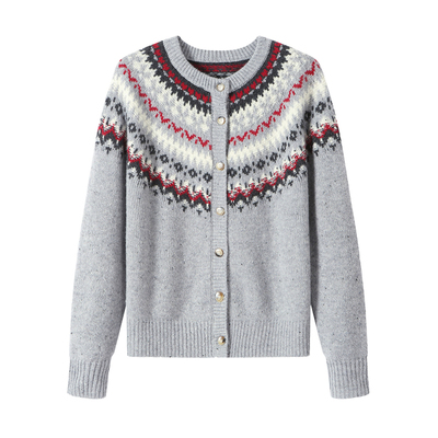 恒源祥100%羊毛费尔岛开衫女红