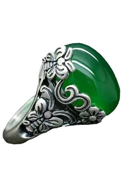 复古925银和田玉玛瑙开口戒指女