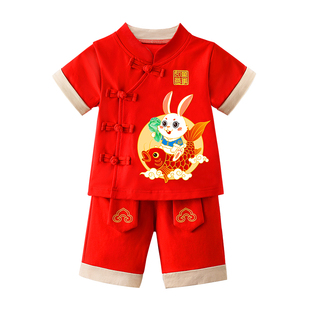 男孩一岁龙宝宝夏季红色衣服男宝一周岁礼服男童国风唐装抓周套装