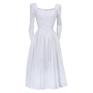 春季新款领证小白裙女方领显瘦茶歇法式白色长袖连衣裙气质赫本风