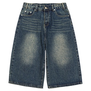 GOGOSOON夏季新款牛仔裤420g男做旧水洗直筒宽松情侣百搭七分裤Q