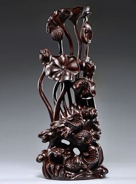 黑檀木年年有鱼根雕荷花雕刻摆件红木家居装饰工艺品开业乔迁送礼