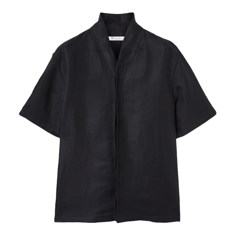 Loro Piana/诺悠翩雅男装丝绸亚麻混纺黑色短袖宽松休闲衬衫