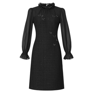 La Koradior拉珂蒂修身通勤时尚气质木耳领拼接礼服裙纯色连衣裙