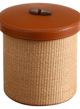 中古编藤桌面收纳储物盒带盖