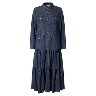 MOISSAC摩萨克秋款休闲风腰带收腰X型牛仔长袖长款连衣裙女