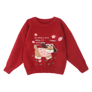 NORNOR陈大猪童装女童毛衣红色秋冬加绒加厚卡通儿童针织衫上衣女
