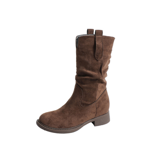 复古西部牛仔短靴女2025秋冬新款中筒靴气质百搭粗跟堆堆靴骑士靴